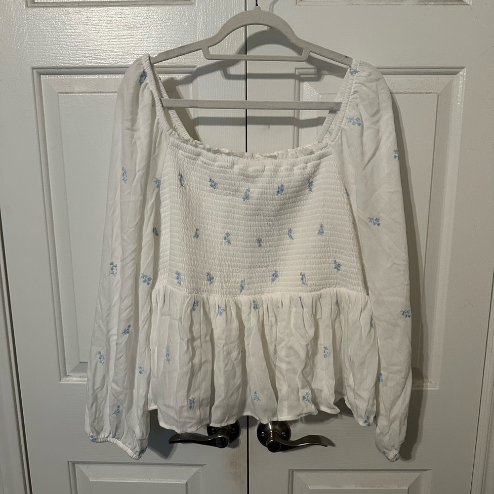 Torrid White and Blue Embroidered Blouse